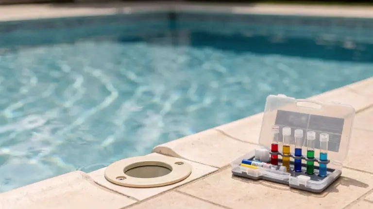Trübes Poolwasser mit Testkit und Skimmer als Bild zum Thema Poolwasser trüb