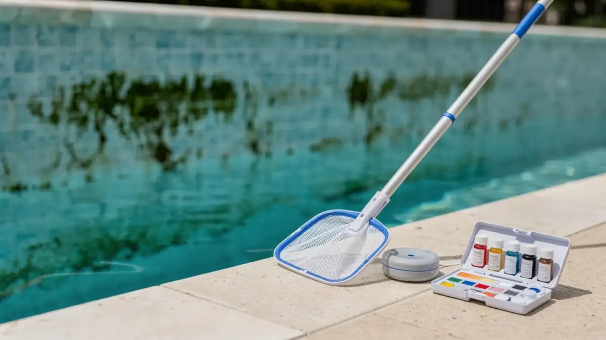 Algen im Pool mit Poolrand, Poolnetz und Wasser-Testkit zur Behandlung und Vorbeugung