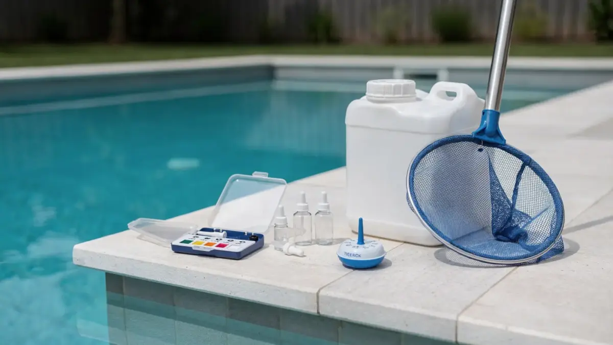 Poolpflege mit Testkit und Chemikalien für die Stoßchlorung beim Pool schocken