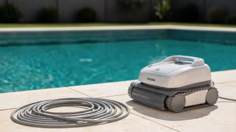 Poolroboter neben einem klaren Schwimmbecken – Thema: Poolroboter wählen