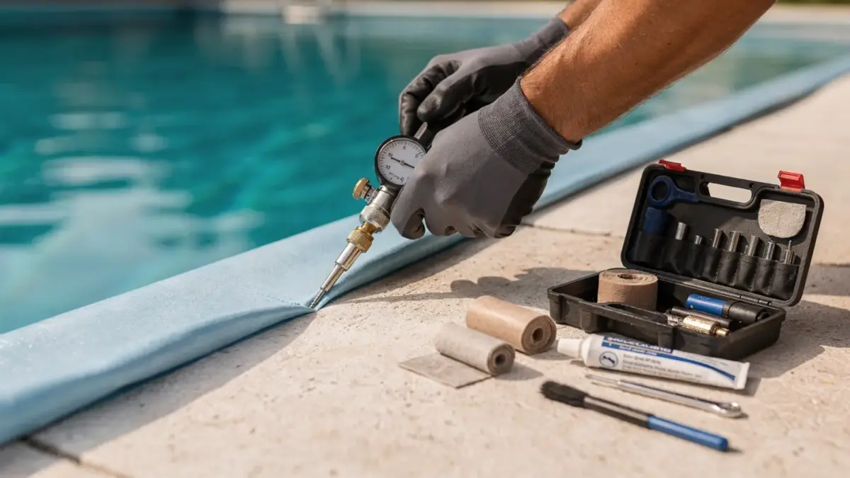 Techniker prüft beim Pool abdichten eine Leckstelle an der Poolfolie mit Messgerät und Reparaturmaterial.
