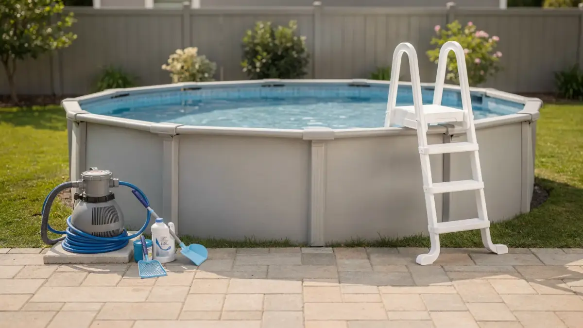 Aufstellpool im Garten mit Leiter, Filteranlage und Zubehör als Beispiel für Kosten, Aufbau und Betrieb