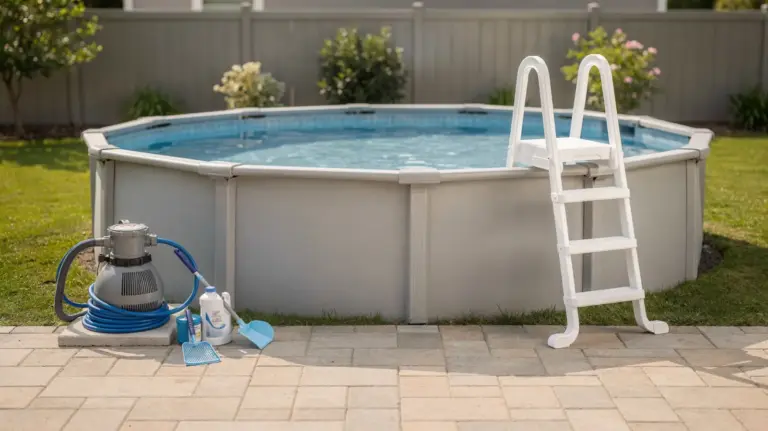 Aufstellpool im Garten mit Leiter, Filteranlage und Zubehör als Beispiel für Kosten, Aufbau und Betrieb