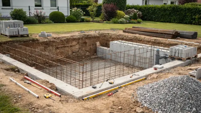 Einbaupool im Bau mit Aushub, Bewehrung und Materialien im Garten – Thema: Einbaupool Kosten