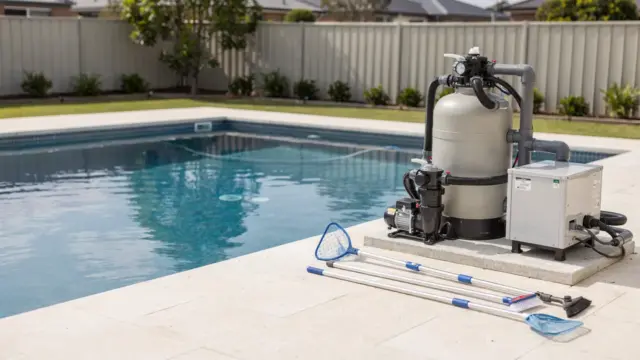 Pool mit Filteranlage und Wartungsgeräten zu den laufenden Kosten des Betriebs