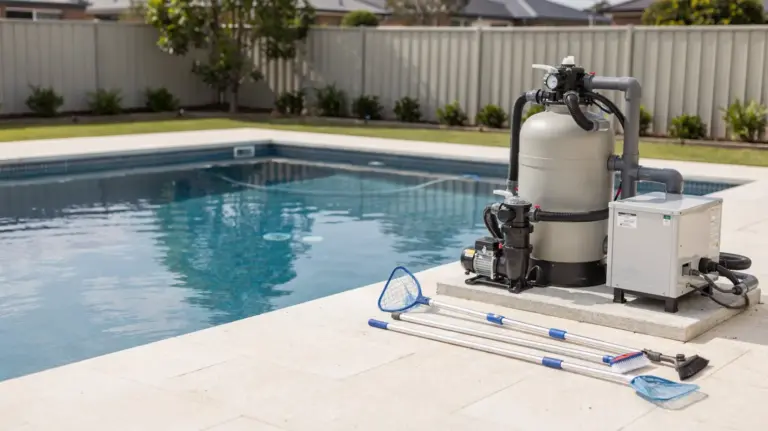 Pool mit Filteranlage und Wartungsgeräten zu den laufenden Kosten des Betriebs