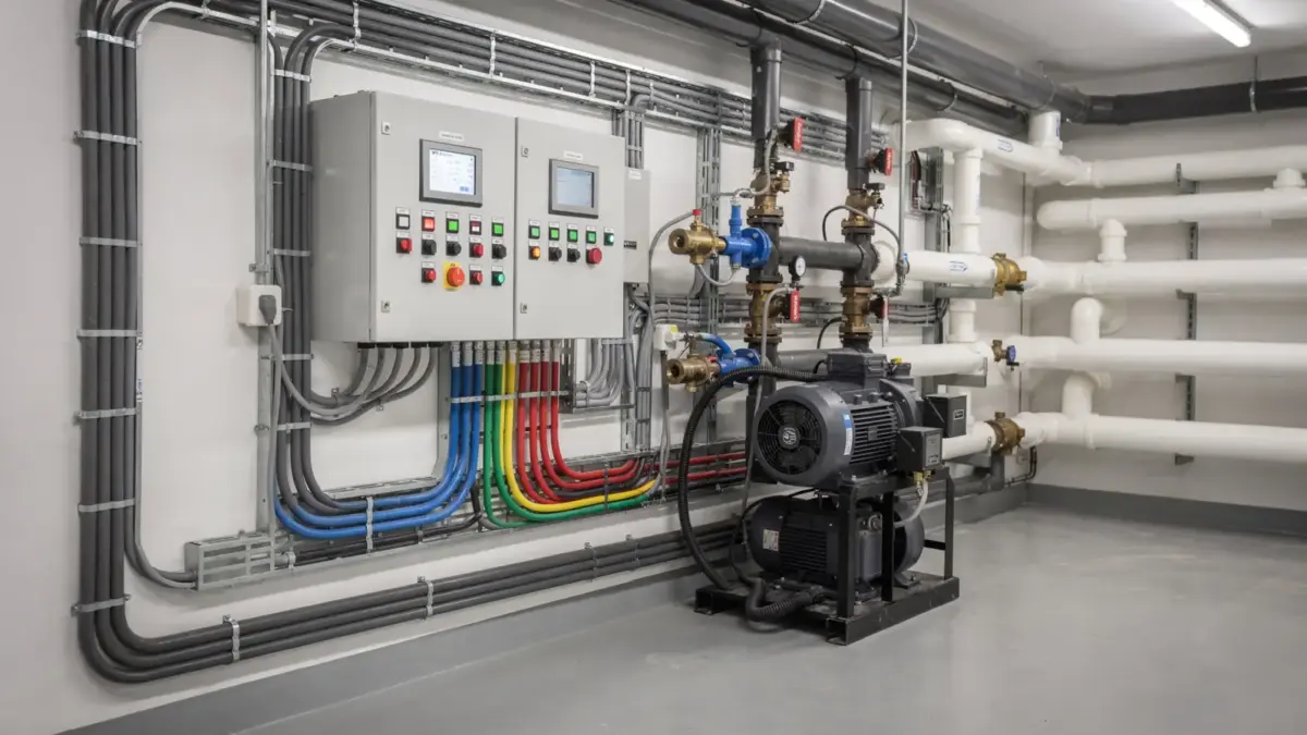 Poolsteuerung im Technikraum mit Bedienpanel, Pumpen und Leitungen für die Pooltechnik
