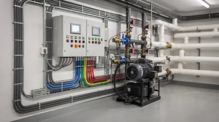 Poolsteuerung im Technikraum mit Bedienpanel, Pumpen und Leitungen für die Pooltechnik