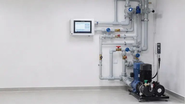 Automatische Poolsteuerung mit Steuergerät, Leitungen und Sensoren im Technikraum am Pool