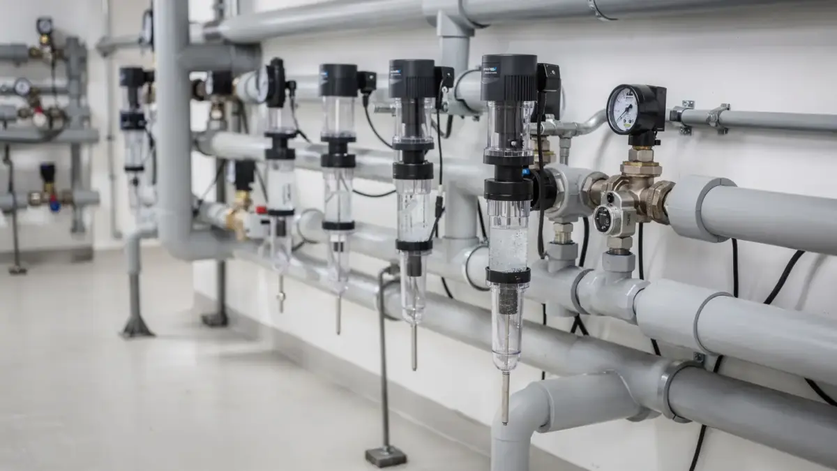 Pool-Sensoren in einer Technikzentrale messen Wasserwerte und Durchfluss für die Pooltechnik.