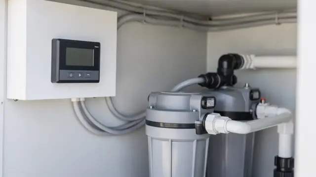 Pool-Zeitschaltuhr an der Pooltechnik zur Steuerung von Laufzeiten und Sicherheit
