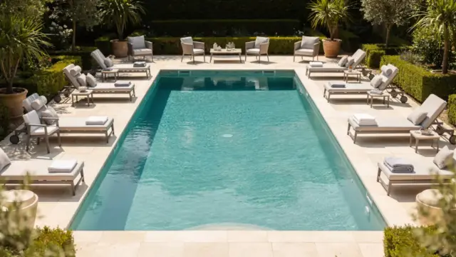 Privater Pool mit Sitzbereichen zur Planung der Pool-Nutzeranzahl