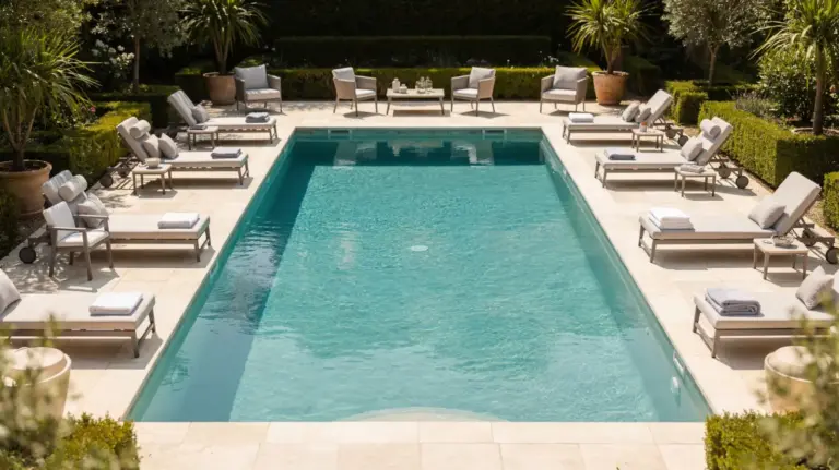 Privater Pool mit Sitzbereichen zur Planung der Pool-Nutzeranzahl