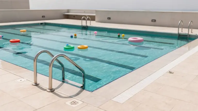 Pool mit Schwimmbahn, Pooltreppe und Spielzeug für Poolnutzung zum Schwimmen und Spielen