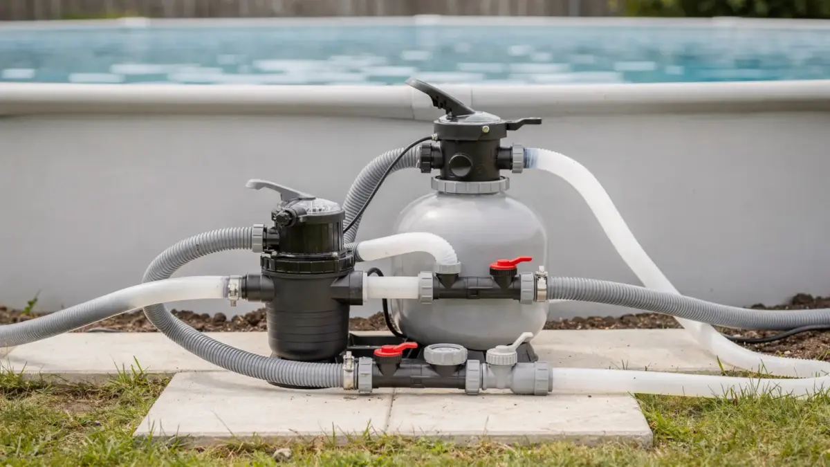 Pooltechnik beim Starten: Filteranlage, Pumpe und Schläuche zur ersten Inbetriebnahme nach dem Aufbau