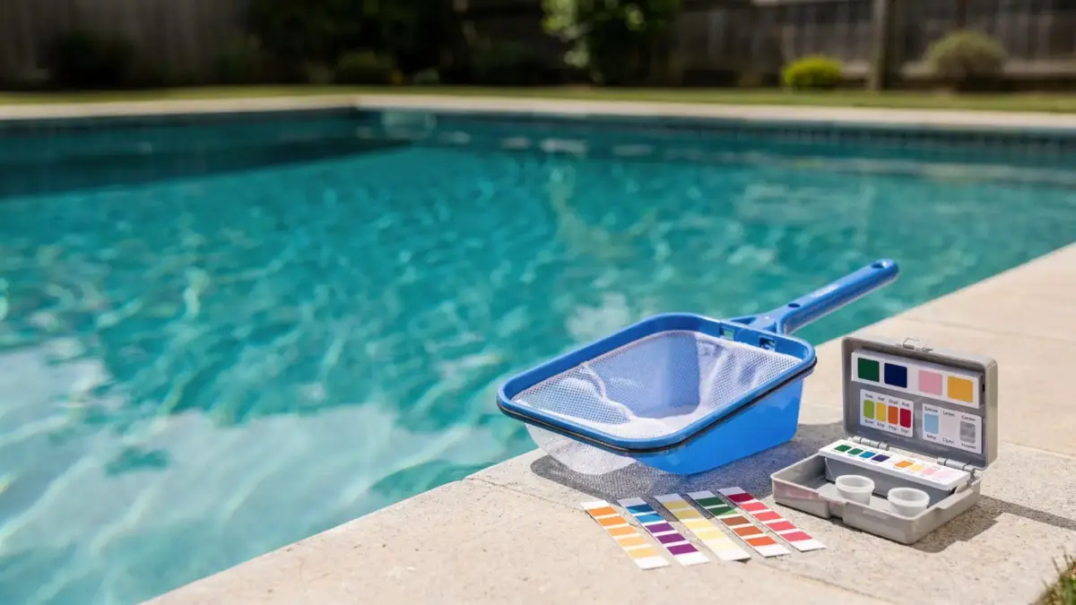 Poolwasserpflege nach dem Befüllen mit Teststreifen und Poolskimmer am Beckenrand