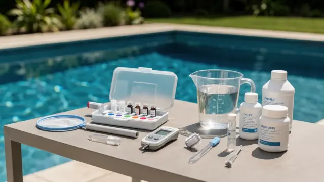 Pool-pH-Wert nach dem Aufbau: Testkit und pH-Messgerät an einem frisch befüllten Pool