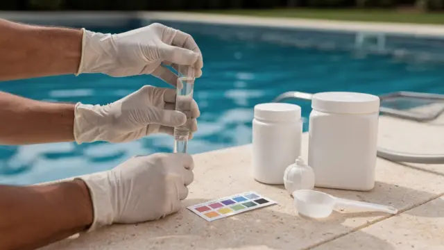 Pool-Erstchlorung: Handschuhe, Messgerät und Chlorzubehör zur Desinfektion von frischem Poolwasser
