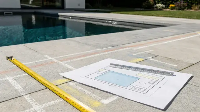 Messband und Flächenmarkierung bei der Poolplanung im Garten mit freier Stellfläche.