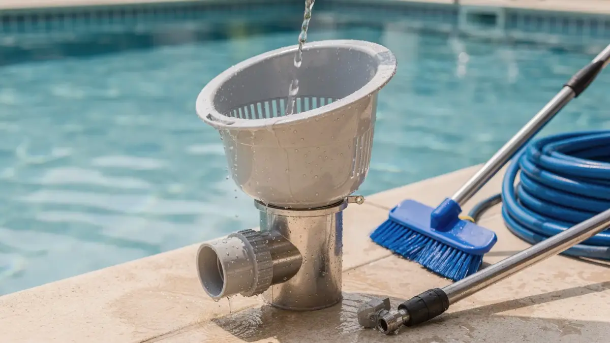 Skimmer-Vorfilter reinigen: Poolskimmer und Vorfilter bei der Reinigung am Schwimmbecken