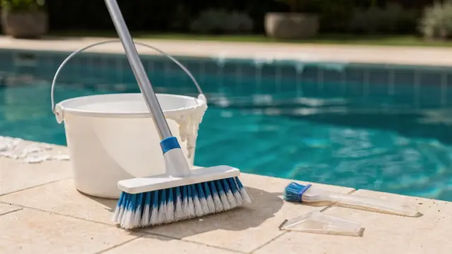 Poolreinigung mit Bürste und Kalkablagerungen an den Fliesen beim Thema Kalk im Pool entfernen