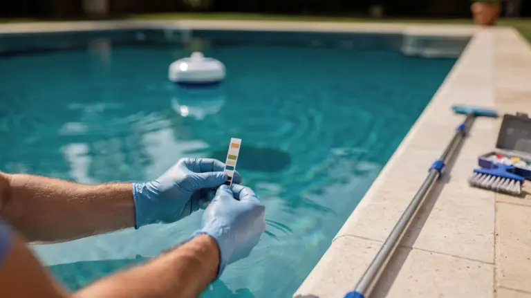 Poolwasser pflegen: Wasserwerte mit Teststreifen und Chlor im gepflegten Pool prüfen