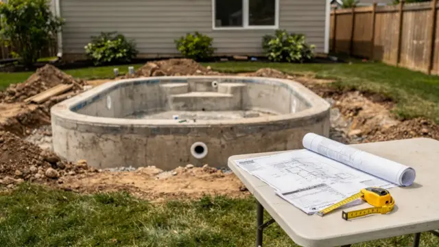 Baustelle im Garten mit Pool und Unterlagen zur Poolgenehmigung