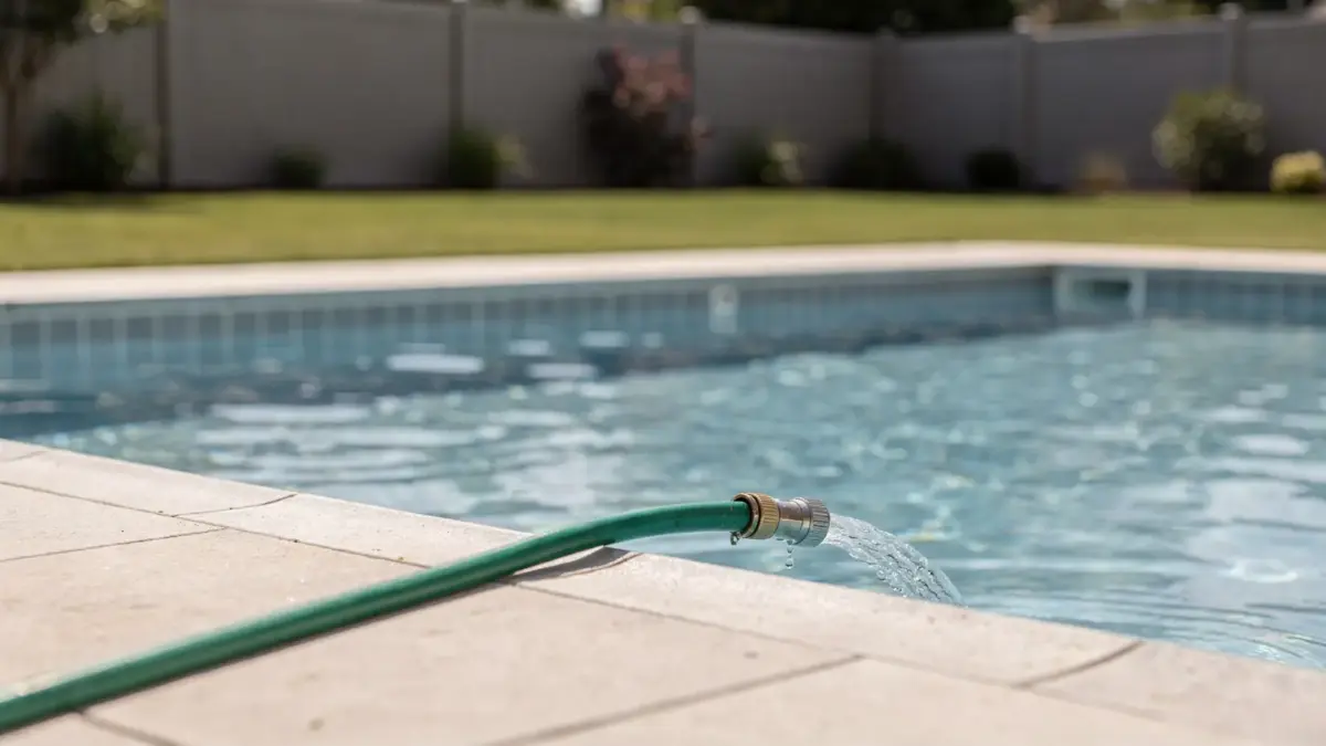 Erstbefüllung eines Pools mit Gartenschlauch und steigendem Wasserstand