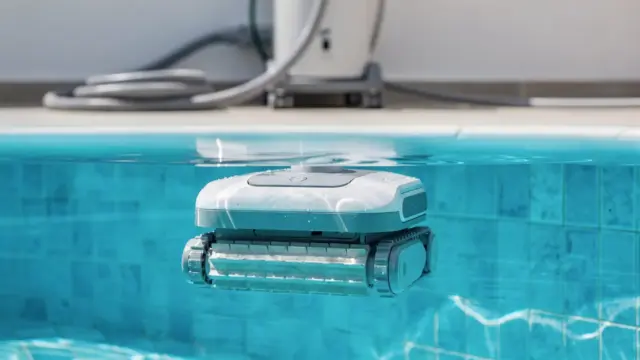 Poolroboter im Schwimmbecken bei der Reinigung, passend zum Thema Poolroboter benutzen