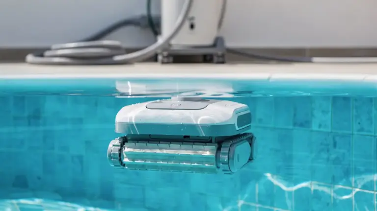 Poolroboter im Schwimmbecken bei der Reinigung, passend zum Thema Poolroboter benutzen