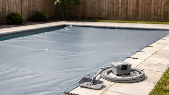 Poolabdeckung auf einem Gartenpool als Thema für die Frage, ob eine Poolabdeckung sinnvoll ist