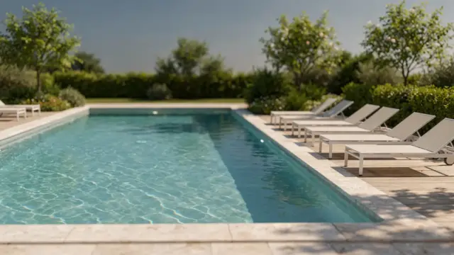 Außenpool in der Badesaison als Motiv zum Thema Poolbaden und beste Zeit zum Baden