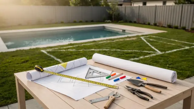 Gartenplanung für einen Pool mit Maßband, Plan und markierter Rasenfläche