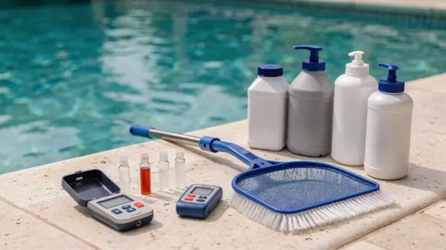 Pflege eines Salzwasserpools mit Wasser-Testkit, Skimmer und Bürste zur Kontrolle der Wasserwerte