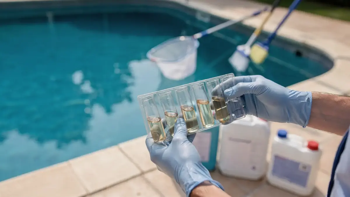 Wassertest am Pool zur Behandlung von hartem Poolwasser