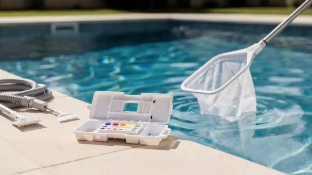 Poolwasser bei Hitze: Teststreifen und Poolpflege-Tools am klaren Swimmingpool