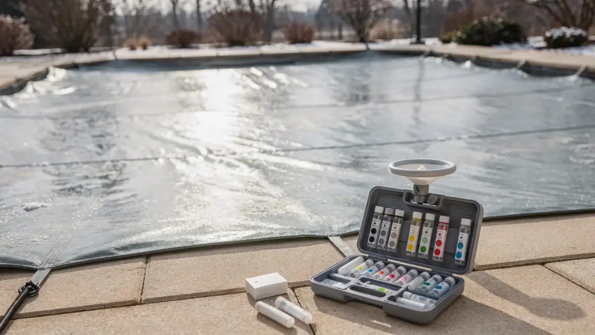 Abgedeckter Pool mit Testkit und Skimmer zur Pool-Winterwasserpflege