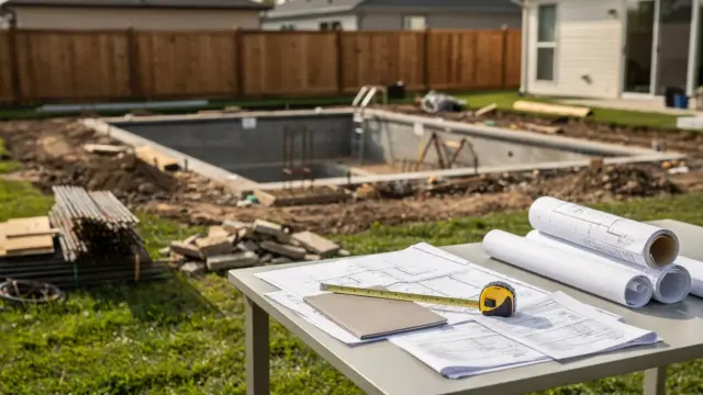 Unterlagen und Baustelle für die Pool-Baugenehmigung im Garten