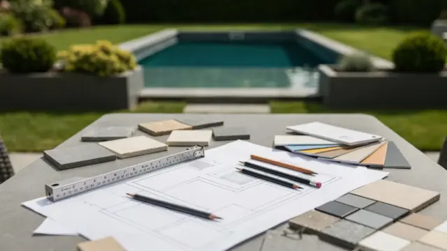 Gartenplanung mit Pool-Entwurf, Maßband und Plänen für einen modernen Pool im Garten