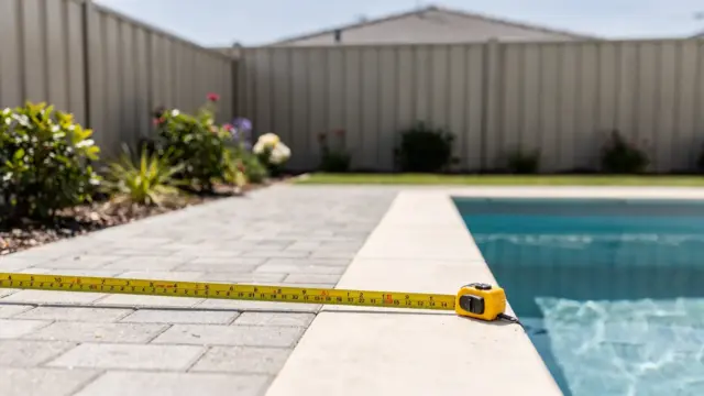 Pool im Garten mit Maßband an der Grundstücksgrenze zur Frage des Poolabstands