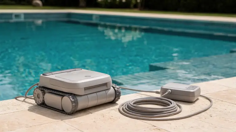 Poolroboter und Zubehör bei der ersten Inbetriebnahme am Beckenrand