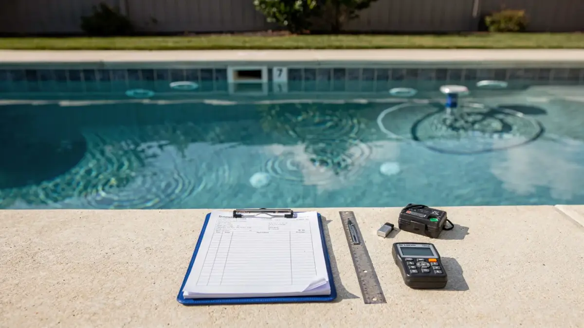 Swimmingpool mit Wasserstand und Prüfgerät zur Ursachenanalyse bei Wasserverlust