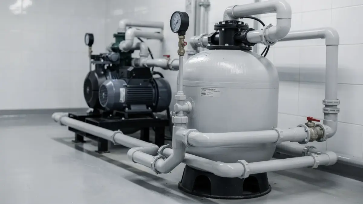 Pool-Filteranlage mit Manometer zur Kontrolle bei zu hohem Filterdruck