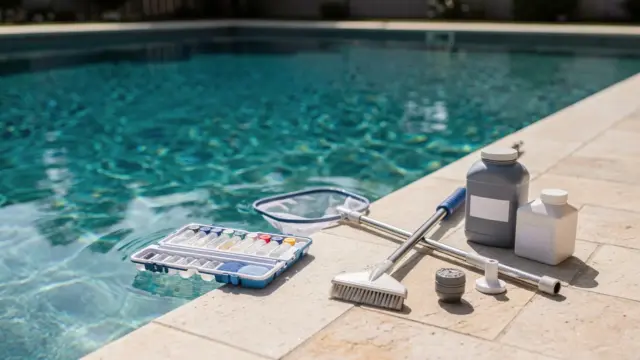 Poolwasser bei Hitze: Teststreifen und Poolpflege-Tools am klaren Swimmingpool