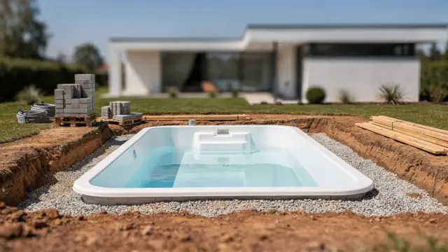 GFK-Pool im Garten: vorgeformte Poolschaale bei der Planung und im Aufbau