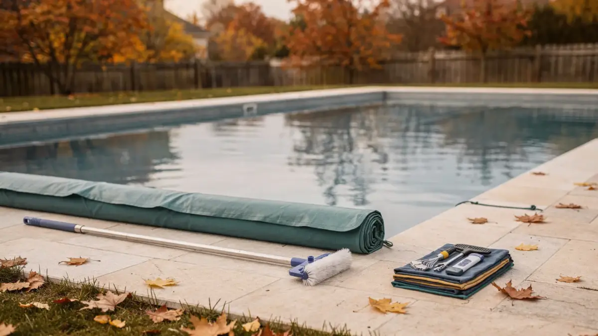 Pool winterfest machen: Abgedeckter Gartenpool mit Reinigungsgerät und Zubehör im Herbst
