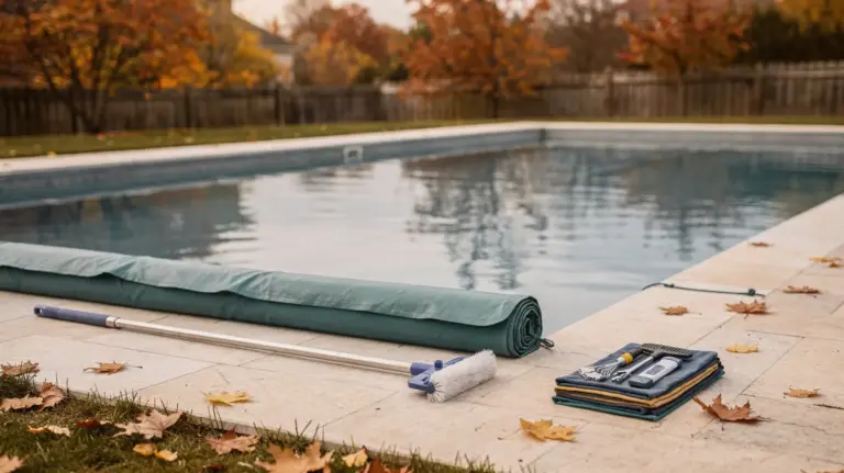 Pool winterfest machen: Abgedeckter Gartenpool mit Reinigungsgerät und Zubehör im Herbst