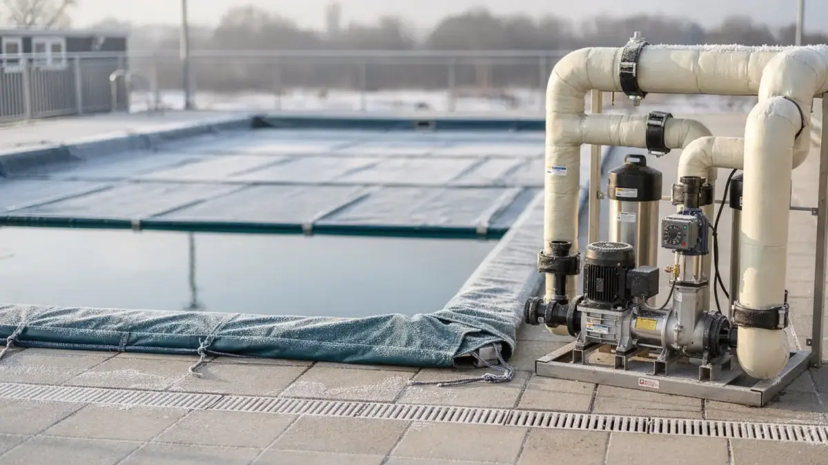 Winterfest gemachter Pool mit Technik und Frostschutz im Außenbereich