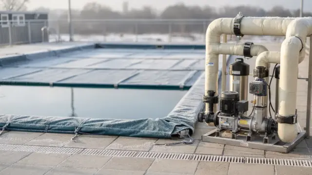 Winterfest gemachter Pool mit Technik und Frostschutz im Außenbereich
