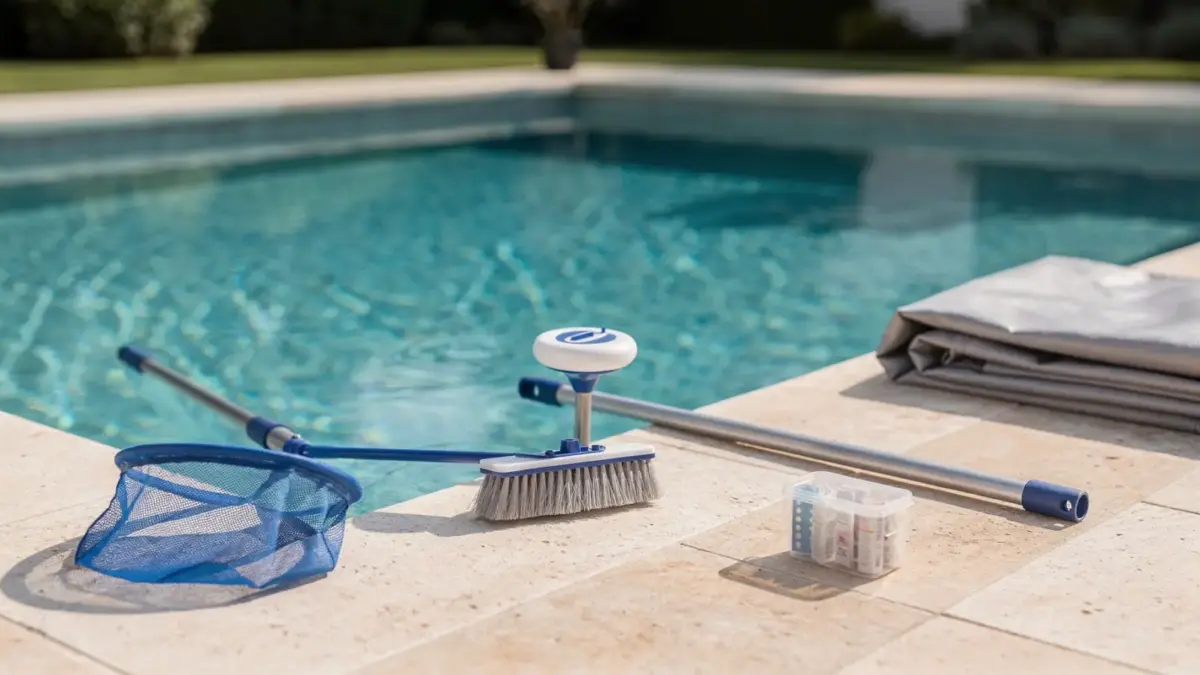 Poolausstattung mit Skimmer, Bürste, Thermometer und Teststreifen am privaten Pool